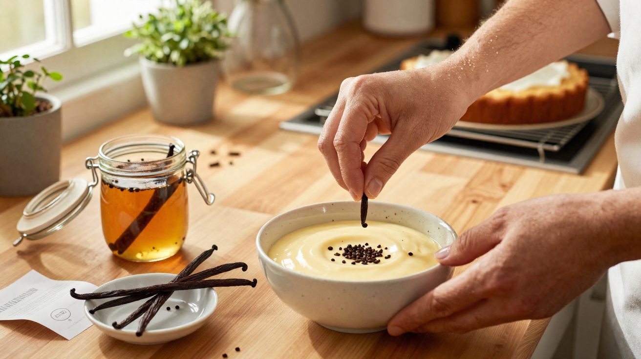 Mãos a decorar um creme amarelo com baunilha numa tigela, com sacaroses e mel num frasco na mesa.