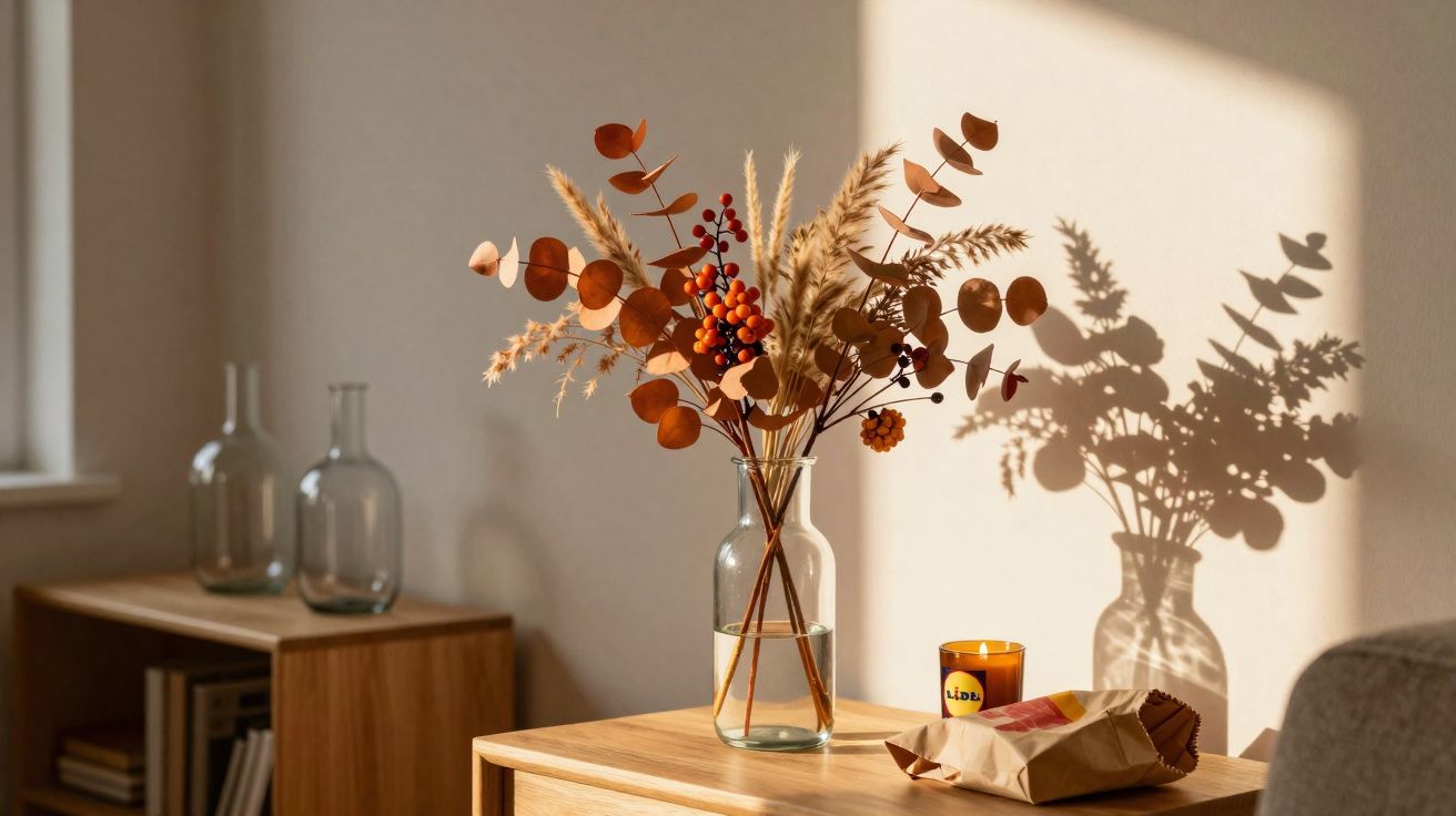 Vaso com flores secas em cima de mesa de madeira iluminada pela luz do sol, com sombra projetada na parede.