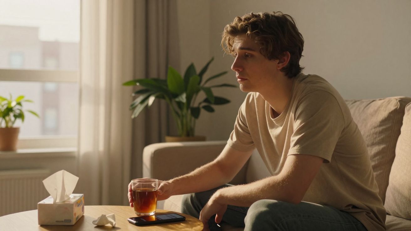 Jovem sentado no sofá, segurando um chá quente, com lenços e telemóvel na mesa à sua frente.