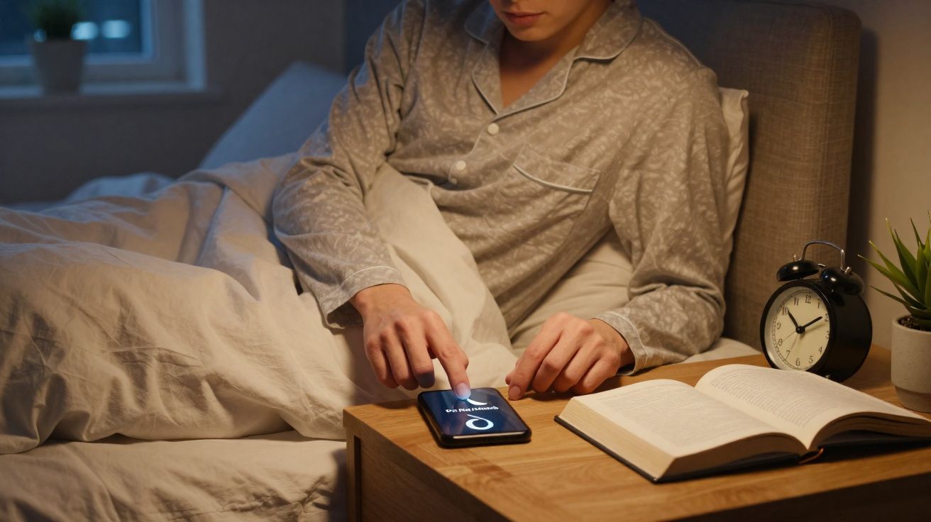 Pessoa de pijama a apagar o alarme no telemóvel numa cama durante a madrugada.