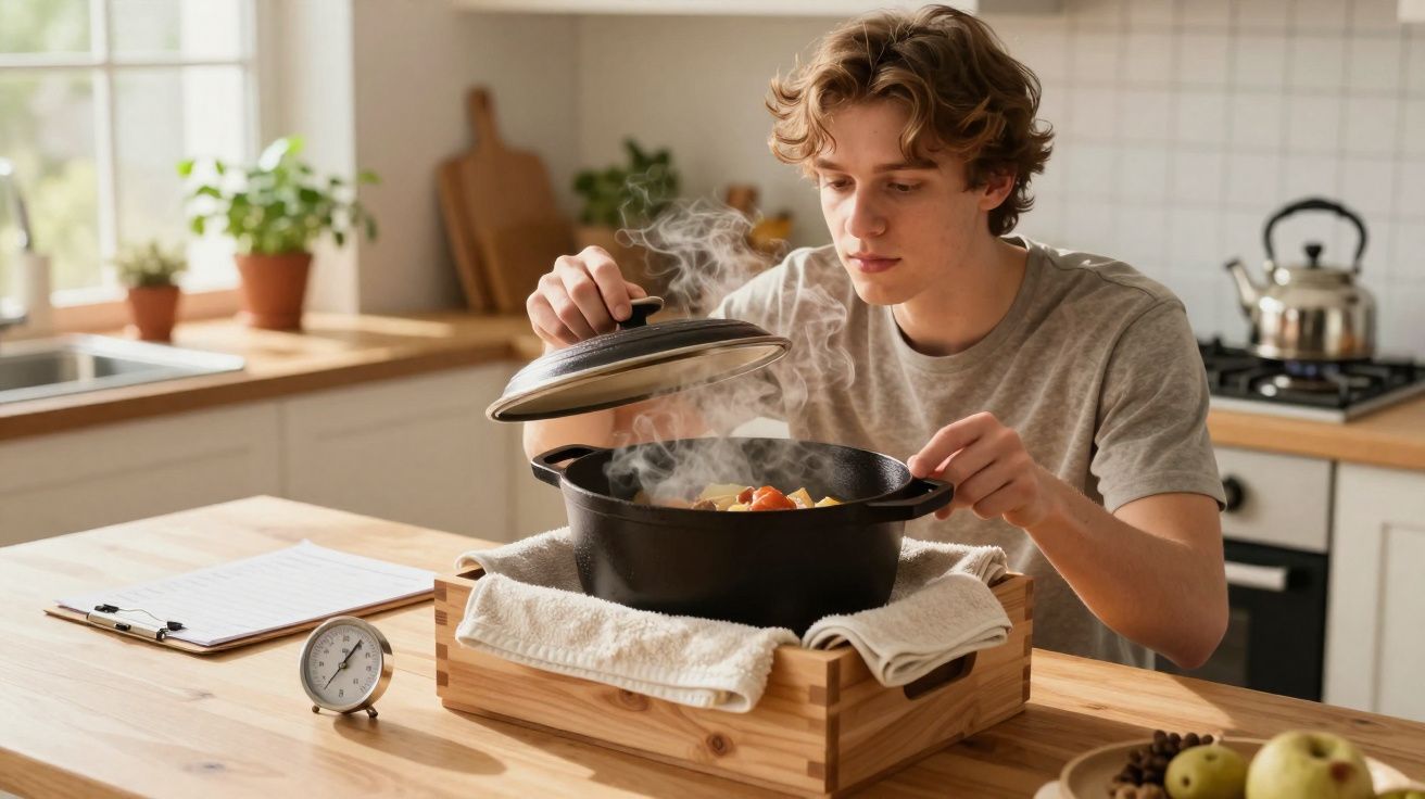 Rapaz a levantar tampa de panela com vapor, sentado num balcão de cozinha moderna e iluminada.