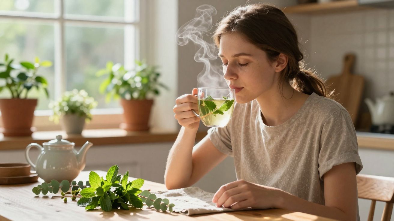 Mulher a beber chá de ervas quentes numa cozinha luminosa, com plantas em vasos na janela.
