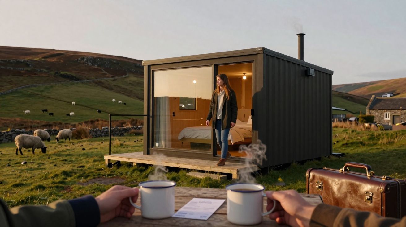 Mulher a sair de casa de campo moderna, com vista para ovelhas e pessoas a segurar canecas fumegantes na frente.