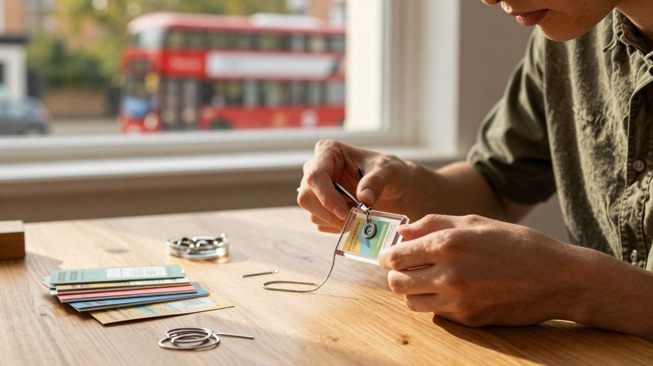 Pessoa a montar um porta-chaves personalizado numa mesa de madeira, com autocarro vermelho desfocado ao fundo.