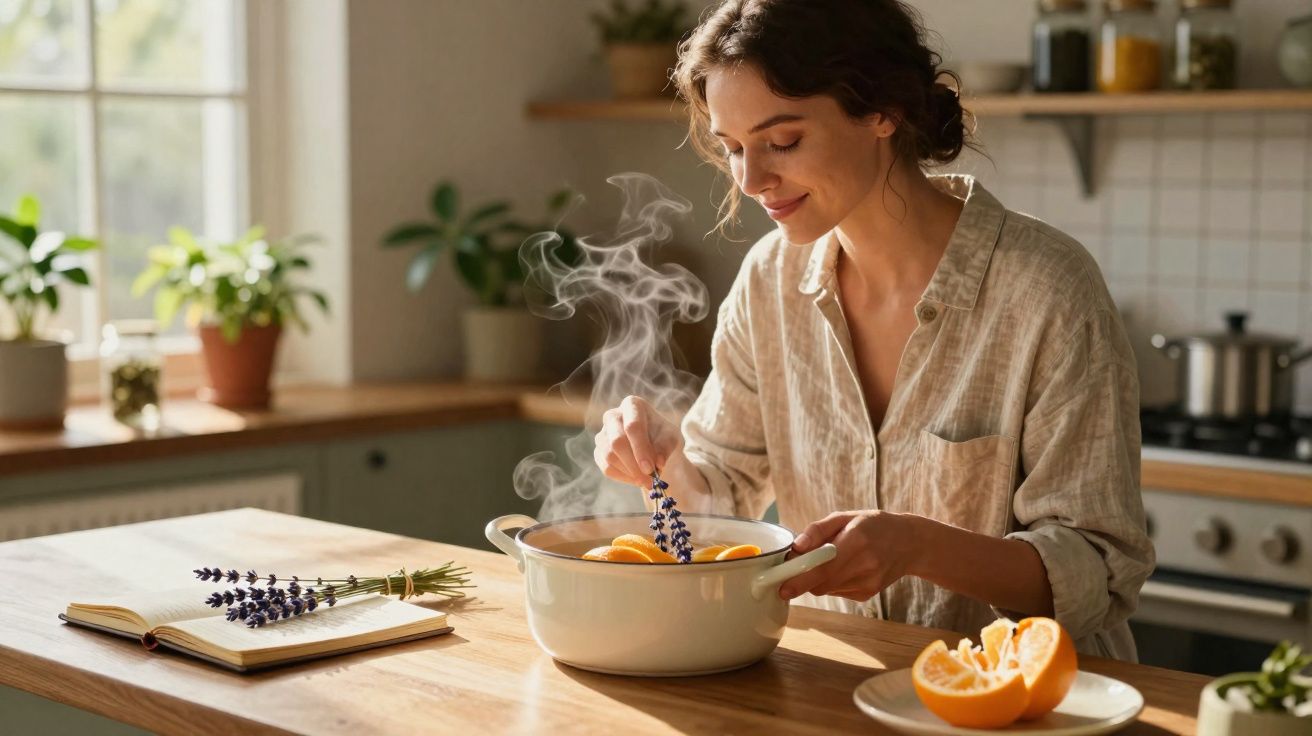 Mulher a cozinhar com lavanda e laranja numa panela a ferver numa cozinha luminosa.