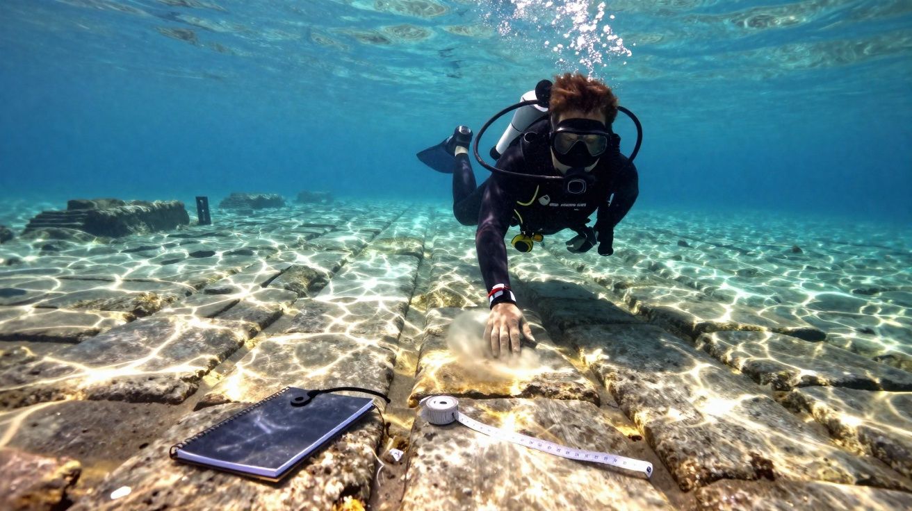 Mergulhador a examinar pedras subaquáticas com tablet e fita métrica num ambiente claro e calmo.