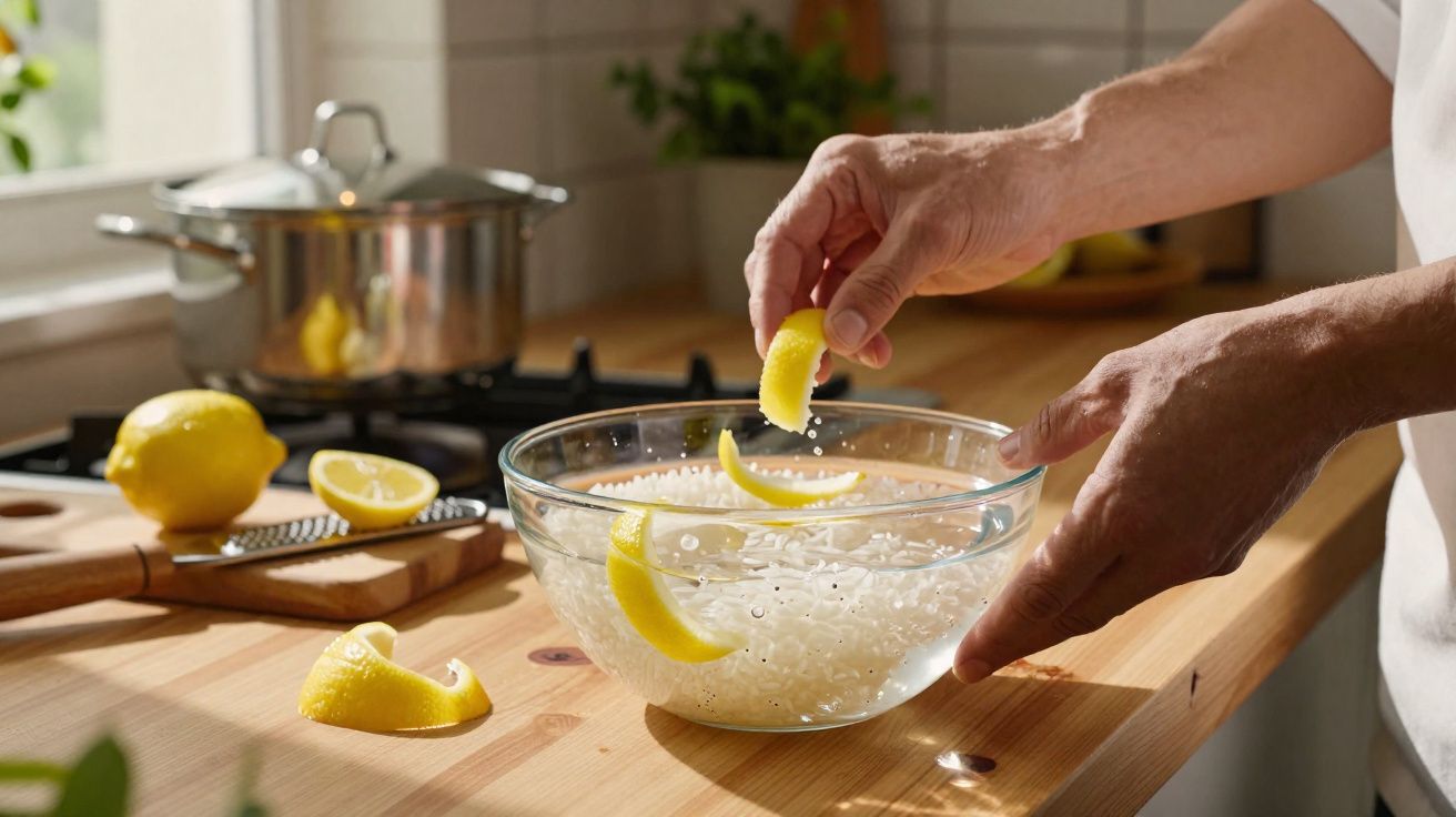 Mãos a mergulhar cascas de limão numa taça com água e arroz numa cozinha iluminada.