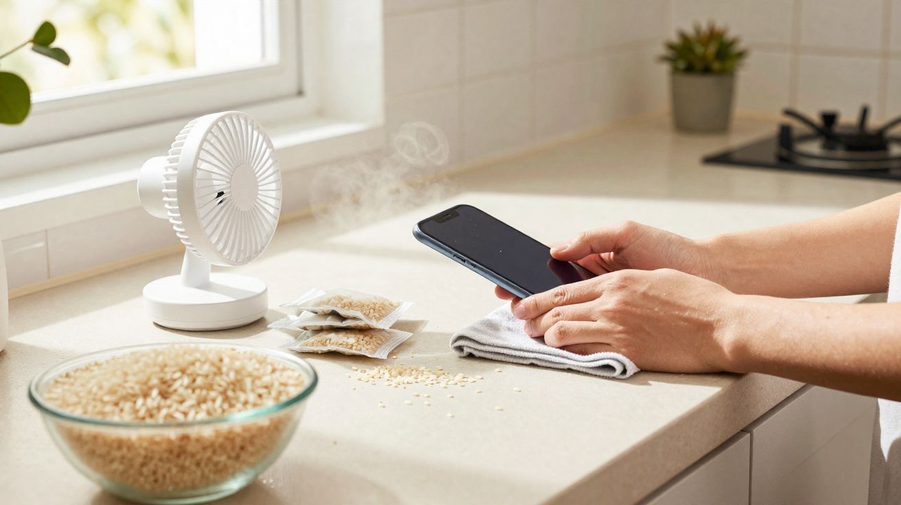 Pessoa a segurar um telemóvel numa cozinha, com um ventilador, pacotes de arroz e um recipiente com arroz na bancada.