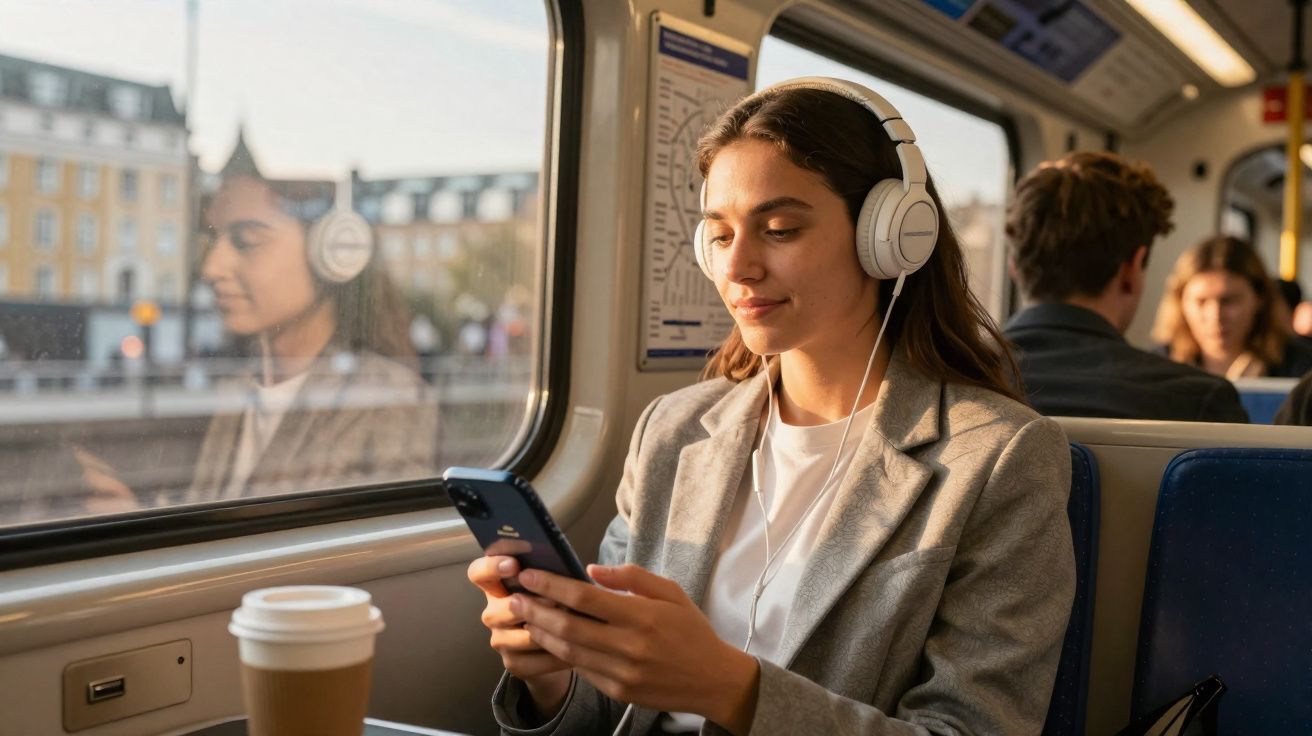 Mulher jovem de cabelos castanhos, com auscultadores brancos, usa telemóvel sentada num comboio ao lado da janela.