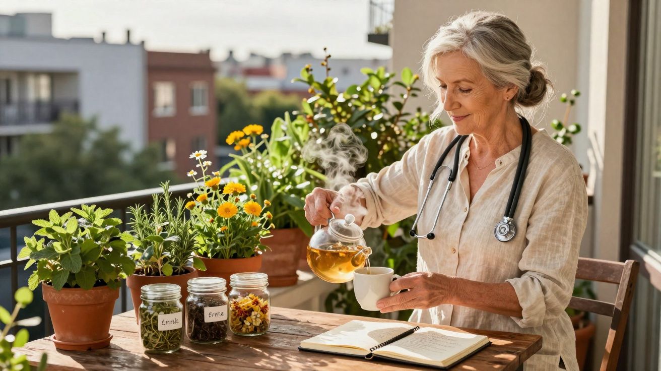 Mulher com estetoscópio a servir chá numa chávena numa varanda com plantas aromáticas ao sol.