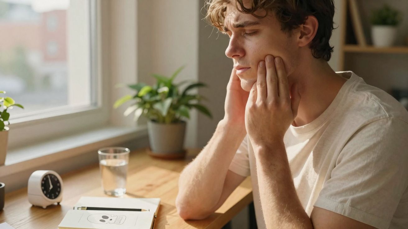 Homem jovem sentado à secretária segurando as bochechas com expressão de dor de dente.