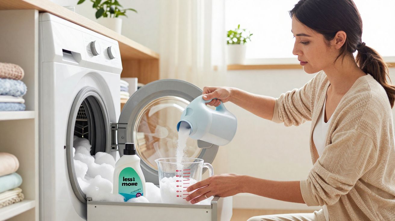 Mulher a medir detergente em líquido para lavar roupa na lavandaria doméstica moderna.