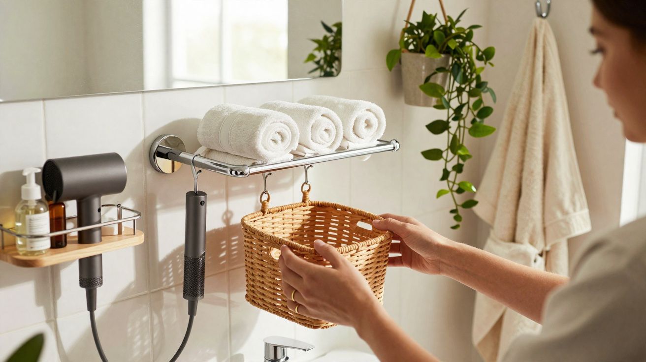 Pessoa a guardar cesto de vime pendurado em suporte metálico na casa de banho com toalhas e secador.
