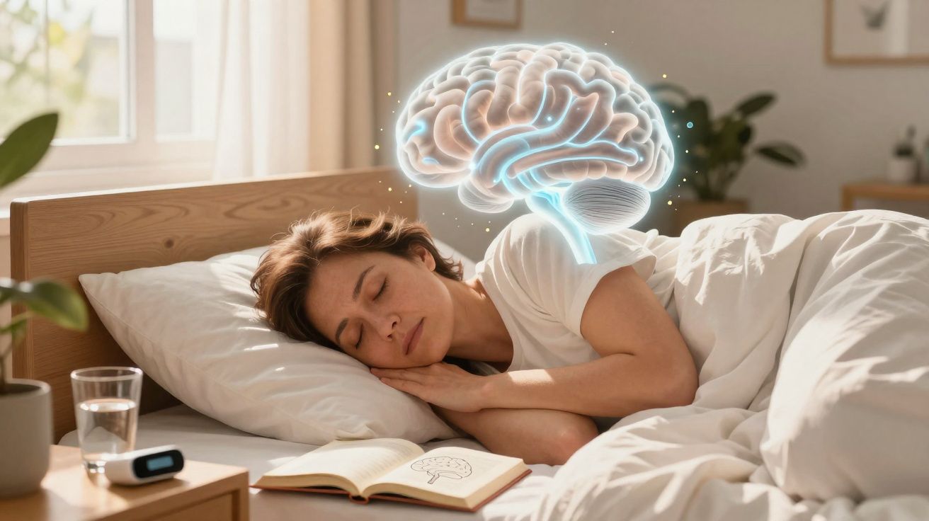 Mulher a dormir na cama, com imagem holográfica do cérebro e livro aberto ao lado.
