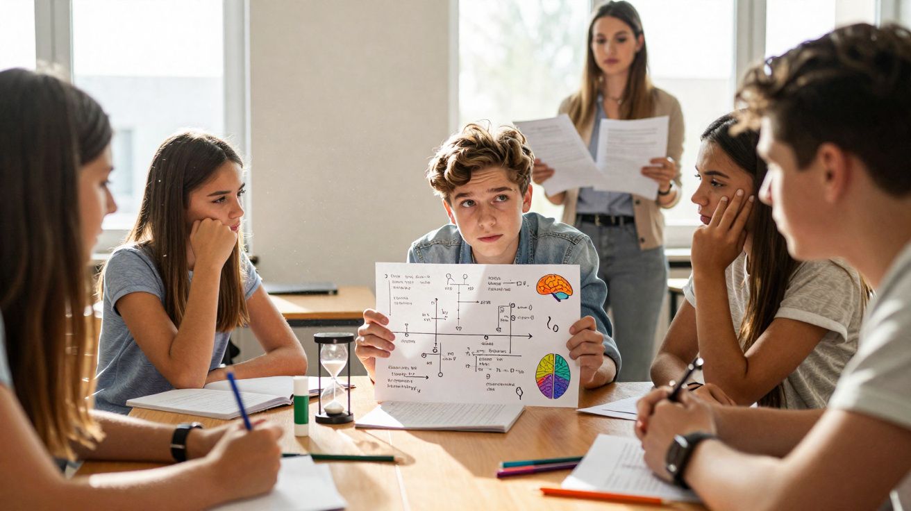 Grupo de jovens estudantes em sala de aula a discutir um trabalho com gráficos e anotações.