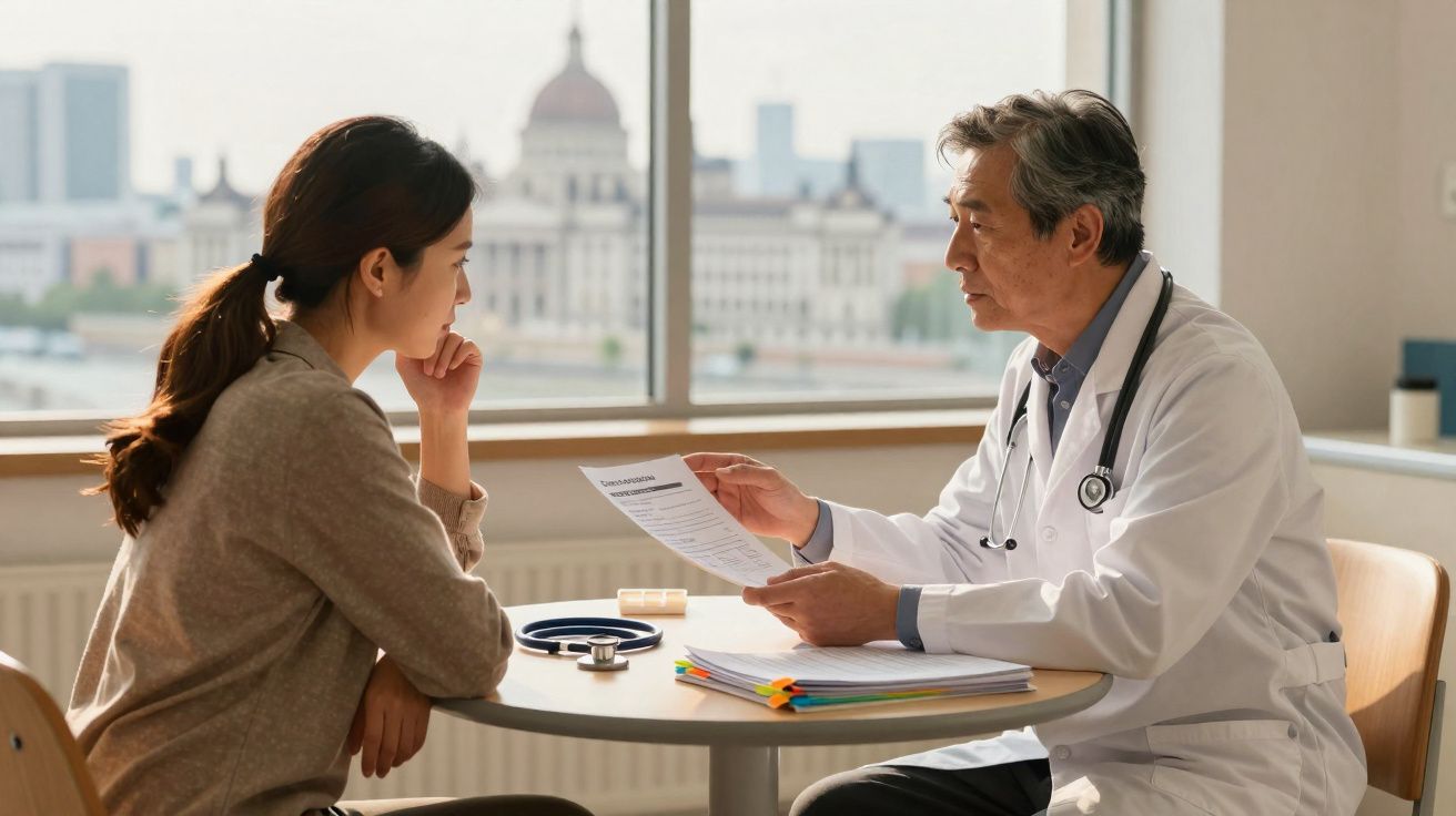 Médico a explicar resultados a paciente durante consulta numa sala com vista para edifício icónico na cidade.