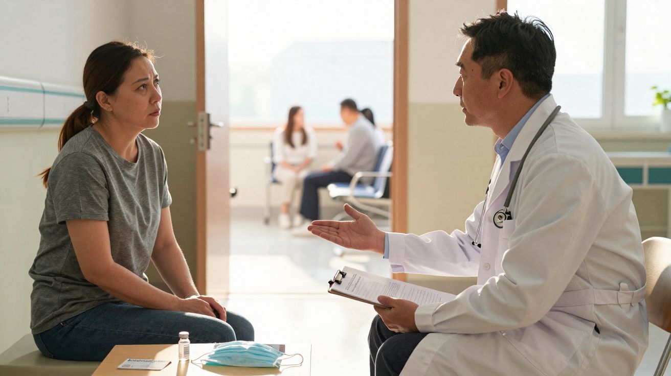 Mulher sentada conversa com médico de bata branca num consultório com máscara e frasco na mesa.