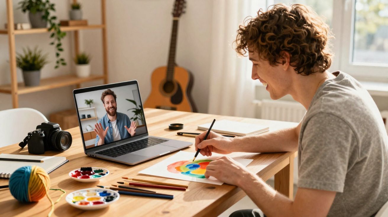Jovem pinta em aquarela enquanto participa numa videochamada com um homem num ambiente descontraído.