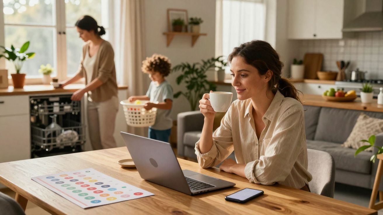 Mulher a beber café e trabalhar no portátil enquanto outra mulher e uma criança fazem tarefas domésticas na cozinha.