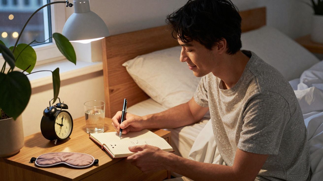 Homem sentado na cama a escrever num caderno, com despertador e máscara de dormir na mesa de cabeceira.
