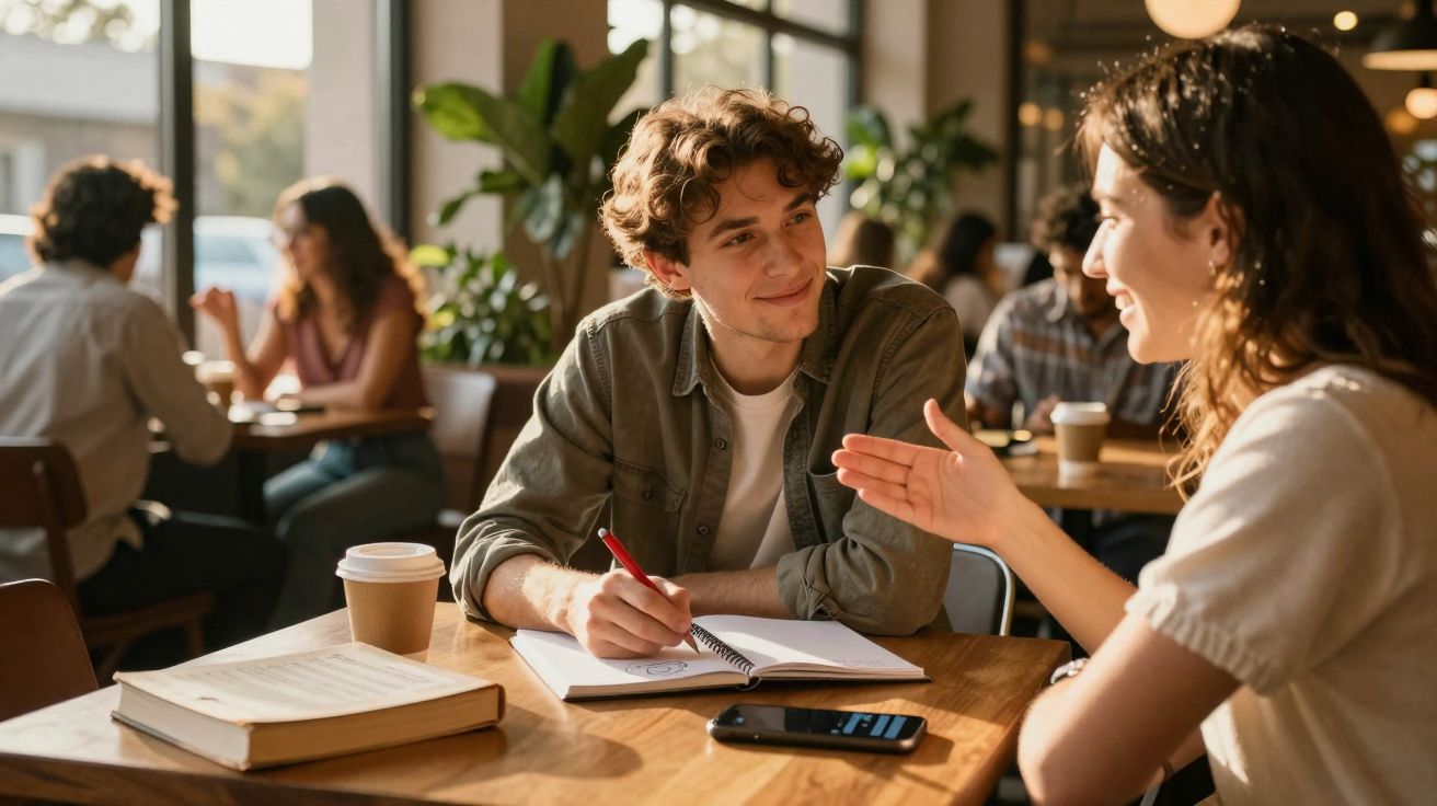 Dois jovens conversam e estudam juntos numa mesa de café com livros e café.