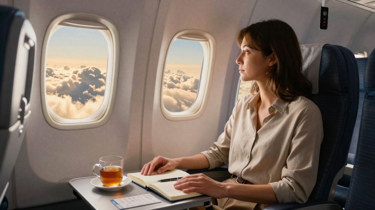Mulher sentada num avião, olhando pela janela, com caderno e chá na mesa de apoio.