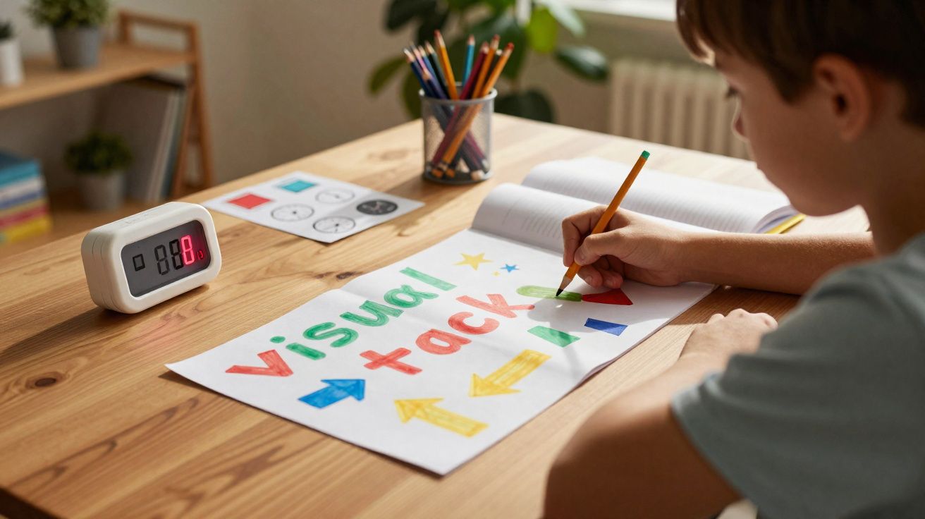 Criança a desenhar e pintar setas e letras coloridas numa folha sobre um papel numa mesa de madeira.