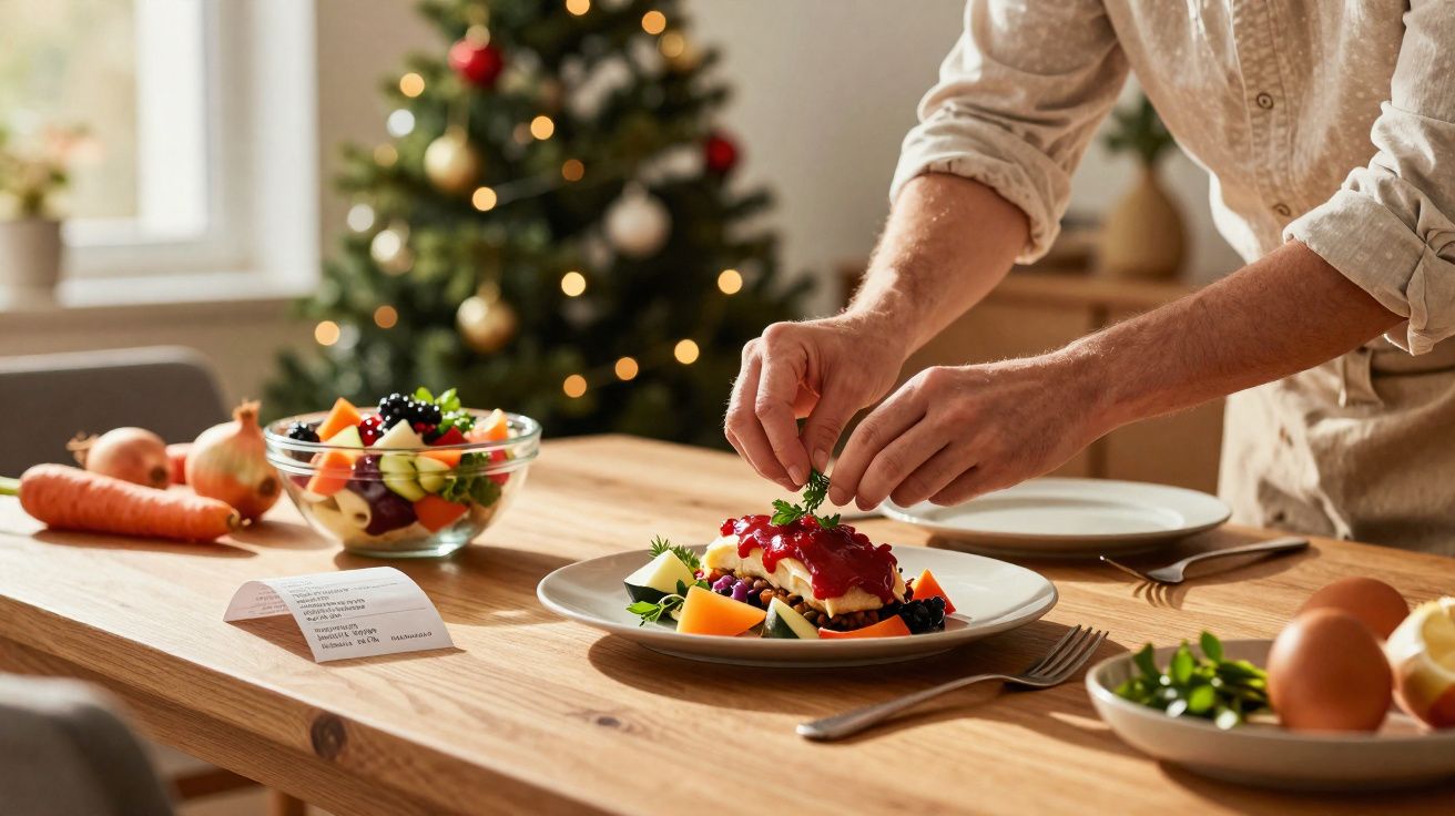 Pessoa a decorar prato com refeição festiva numa mesa de madeira, árvore de Natal desfocada ao fundo.