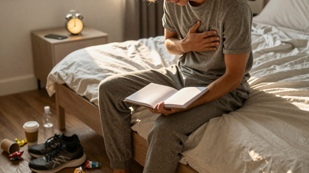 Pessoa sentada na cama com mão no peito, aparentando dor, segurando livro aberto.