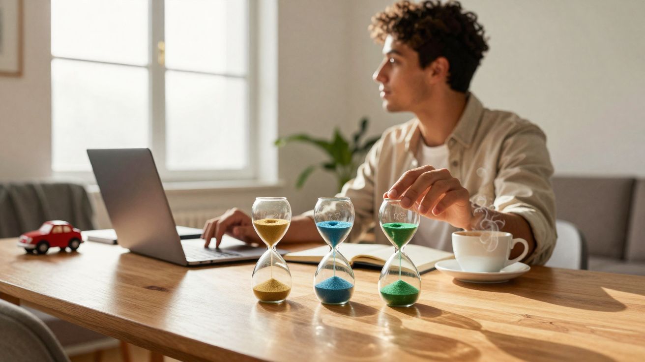 Homem a trabalhar num computador portátil com três ampulhetas coloridas e uma chávena de café numa mesa de madeira.