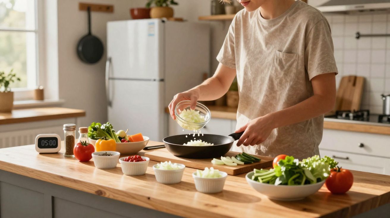 Pessoa a cozinhar cebola numa frigideira numa cozinha com vários legumes e utensílios à volta.