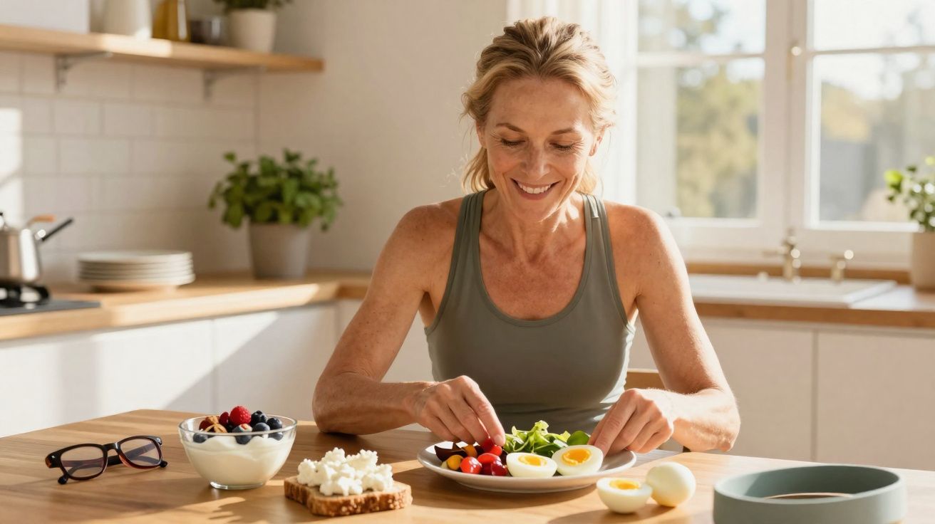 Mulher sorridente a preparar salada com ovos e tomate numa cozinha iluminada naturalmente.