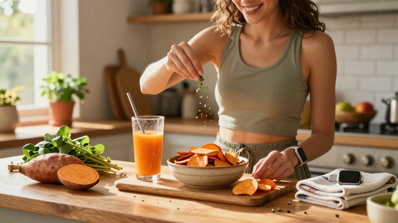 Mulher sorridente tempera batatas-doces cortadas numa cozinha luminosa com sumo ao lado.