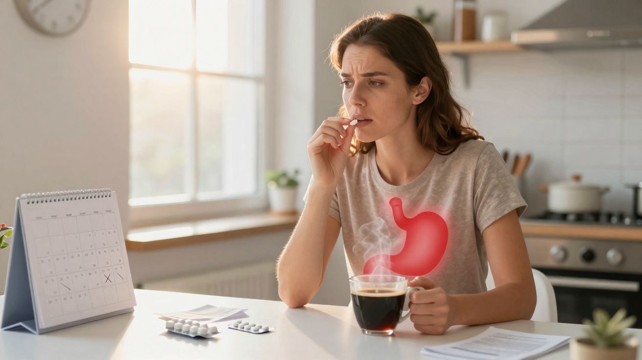 Mulher preocupada a tomar comprimido para dor de estômago numa cozinha iluminada pela manhã.