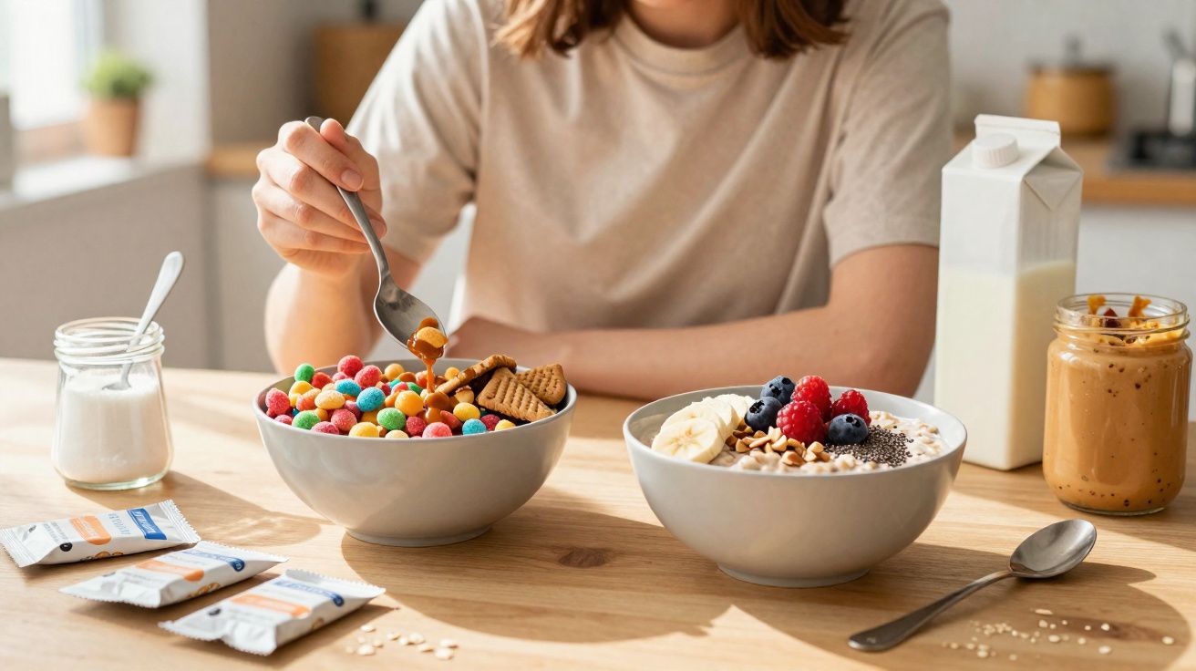 Pessoa a colocar manteiga de amendoim em tigela com bolinhas coloridas, ao lado de outra com frutos e sementes.