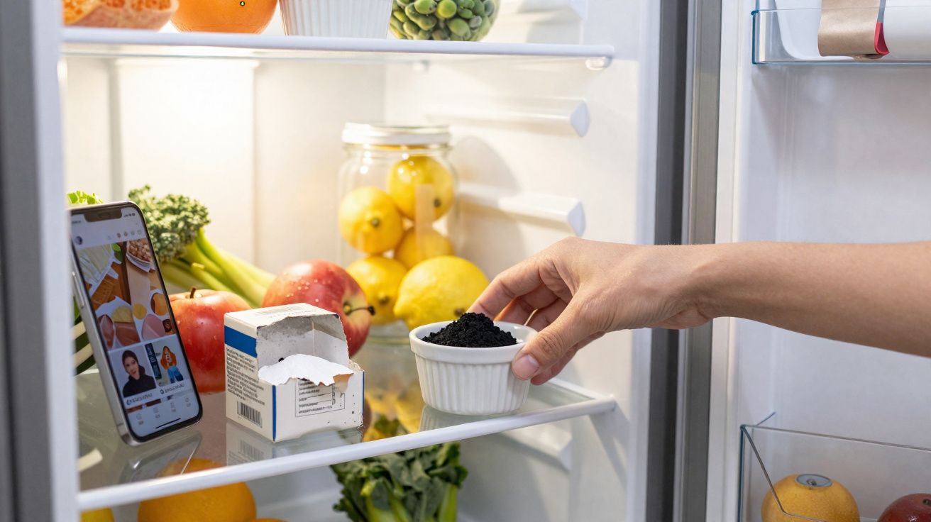 Mão a guardar taça com alimento preto no frigorífico com frutas e telemóvel em fundo.