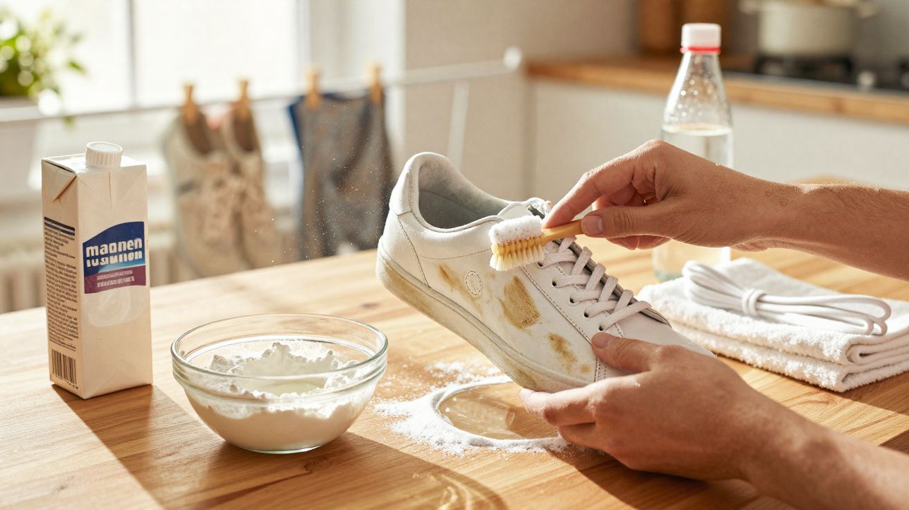 Pessoa a limpar ténis branco sujo usando escova e pasta feita com bicarbonato de sódio.