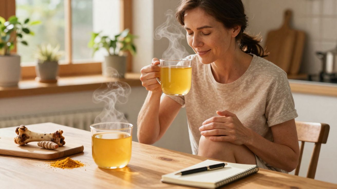 Mulher sentada a desfrutar de chá quente numa cozinha iluminada, com caderno e especiarias na mesa.