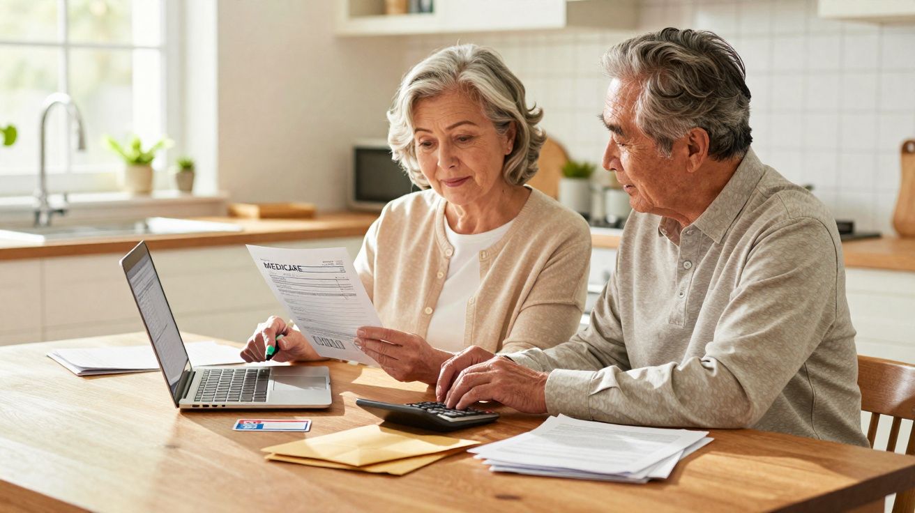 Casal sénior sentado à mesa a analisar contas e usar uma calculadora junto a um portátil na cozinha.