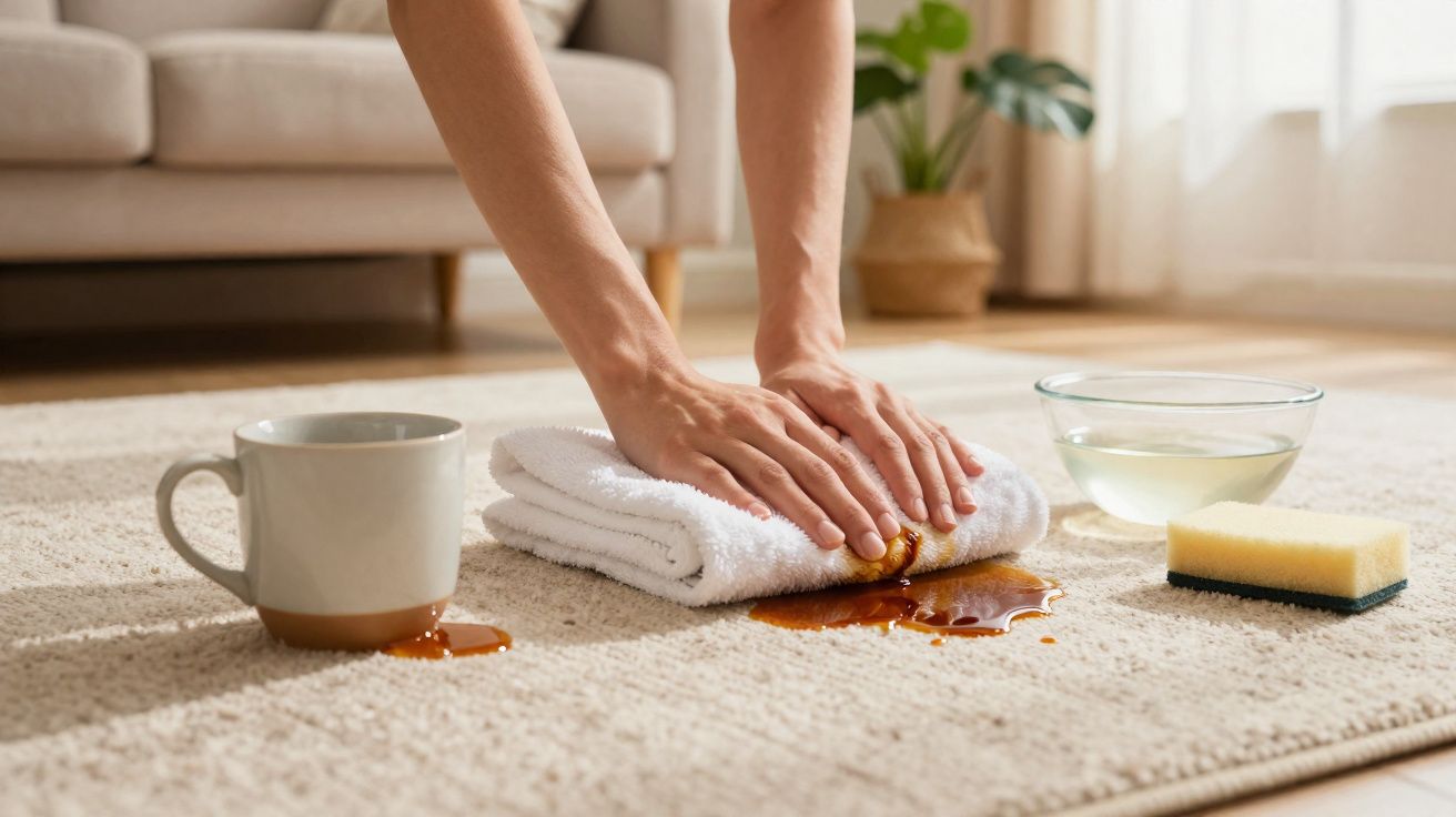Pessoa a limpar derrame de café num tapete claro com toalha branca, esponja e tigela com líquido ao lado.