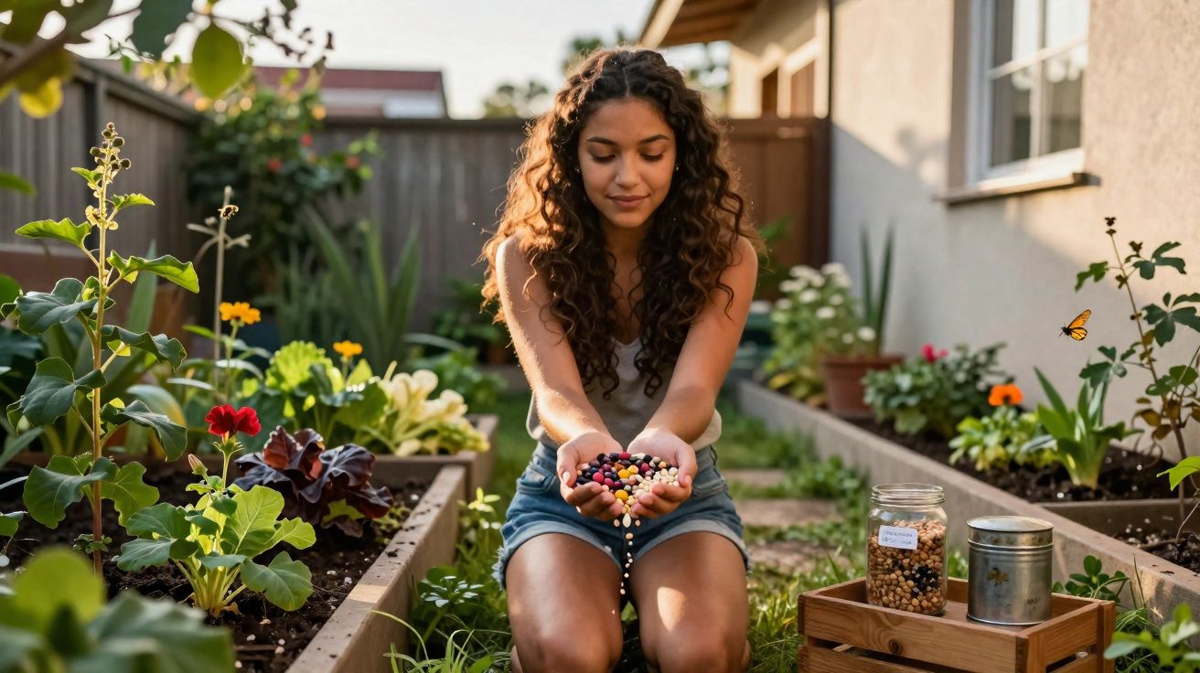 Mulher jovem sentada num jardim com vasos, segurando sementes coloridas nas mãos espalmadas.