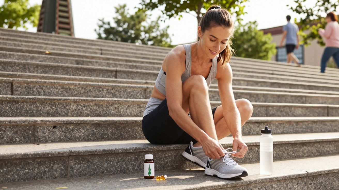 Mulher jovem sentada em escadas ao ar livre a amarrar os ténis, com garrafa de água e suplementos ao lado.