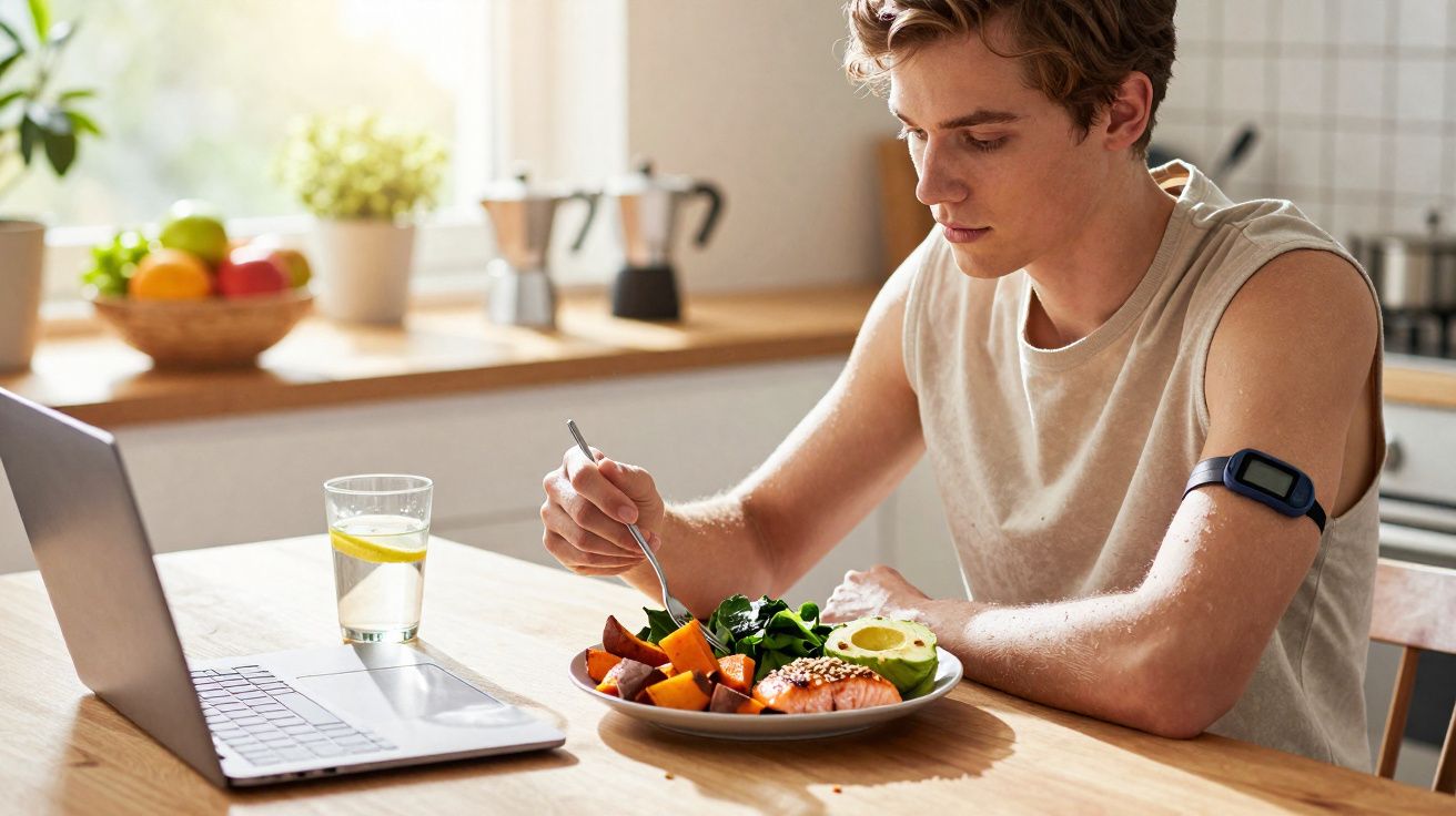 Jovem sentado à mesa a comer uma refeição saudável enquanto vê algo num computador portátil.