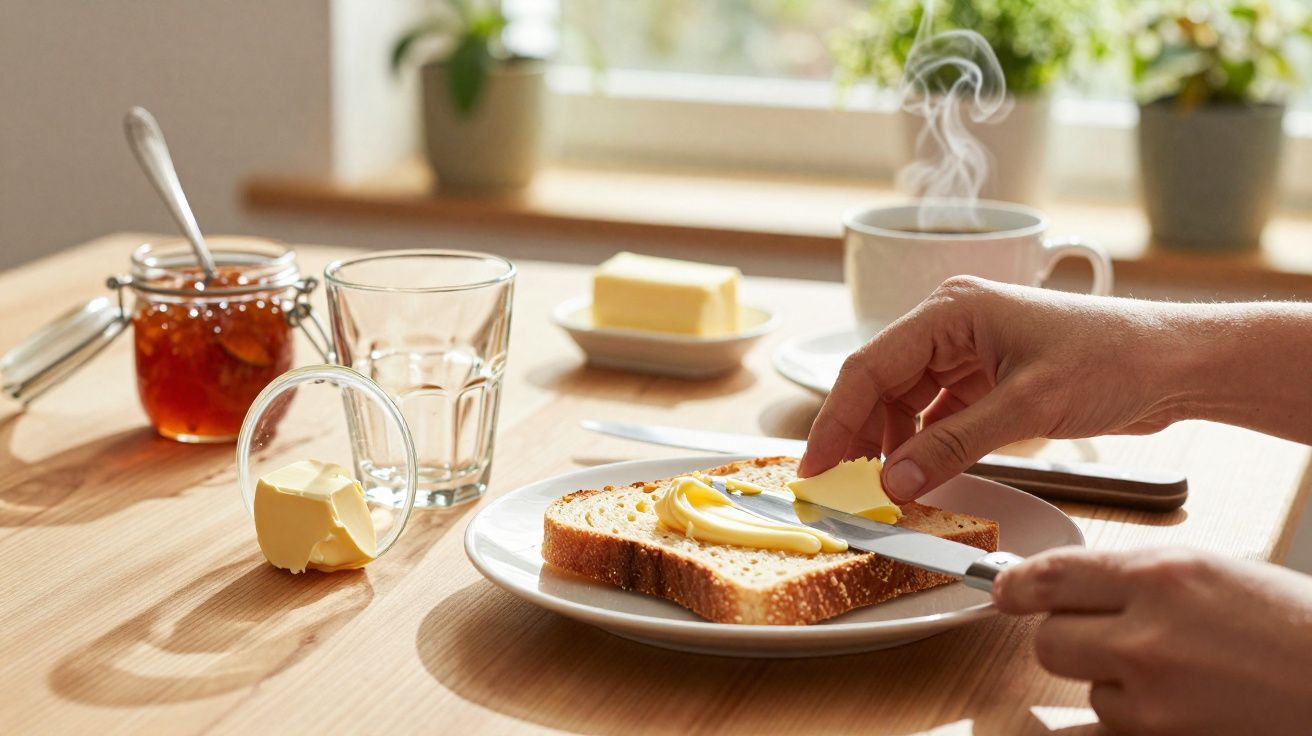 Pessoas a barrar manteiga numa fatia de pão com chá e compota numa mesa de madeira junto à janela.