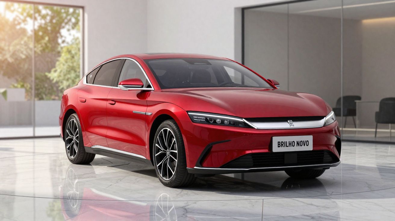 Carro elétrico sedã vermelho Brilho Novo estacionado num espaço interior moderno e iluminado.