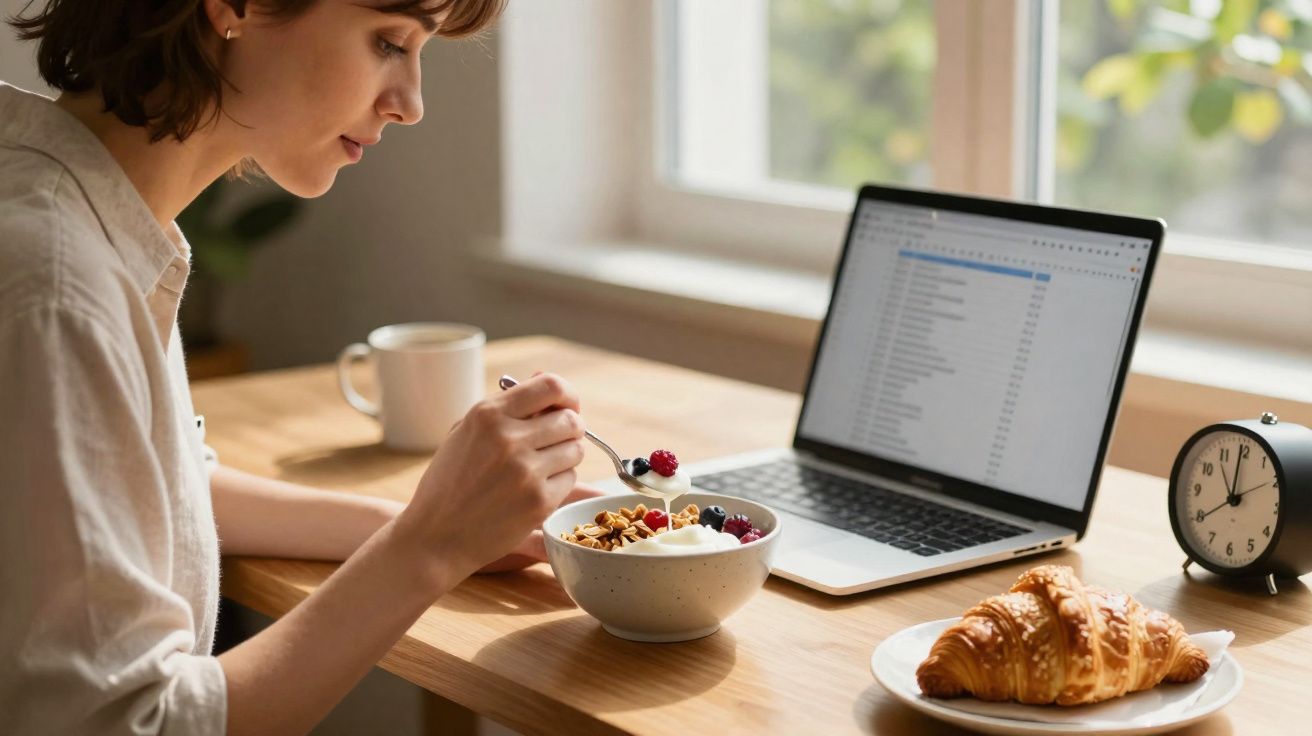 Mulher a tomar pequeno-almoço saudável junto a computador portátil e despertador numa mesa de madeira.