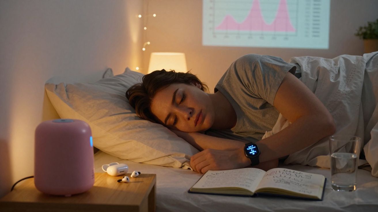 Pessoa a dormir na cama com relógio inteligente, auscultadores sem fios e livro aberto numa mesa ao lado.