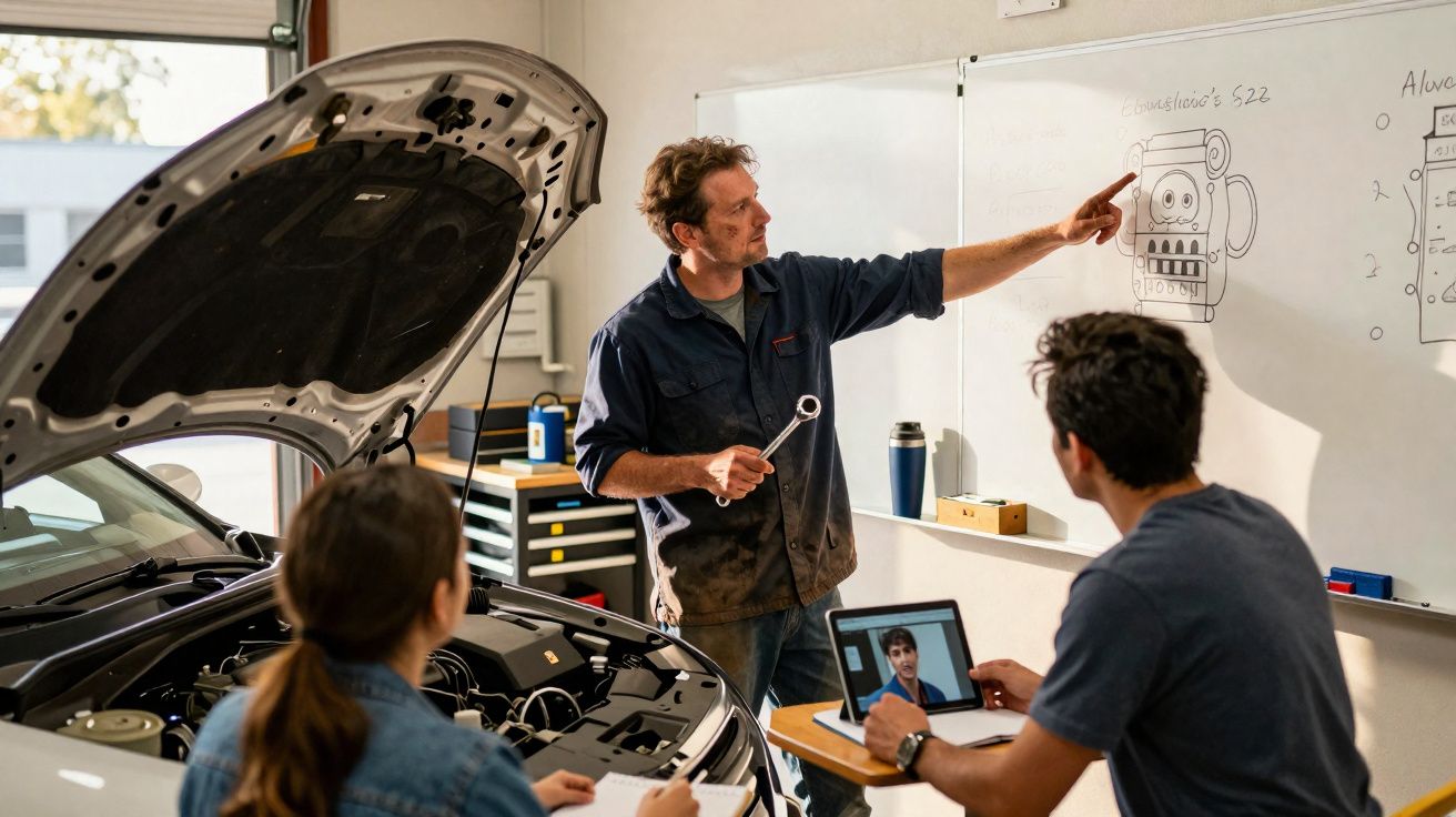 Professor de mecânica dá explicação a dois alunos em oficina, com desenho técnico no quadro e carro aberto.
