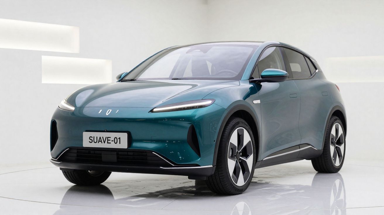 Carro elétrico SUV azul, modelo Suave-01, apresentado num estúdio com fundo branco minimalista.