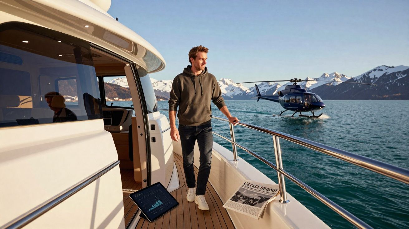 Homem com capuz cinza em iate observa helicóptero sobre água com montanhas nevadas ao fundo.